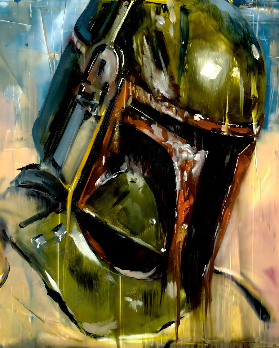 Bounty Hunter Helmet – Green - the battered green helmet painted thick, light sliding across the visor, on a metal wall art plate