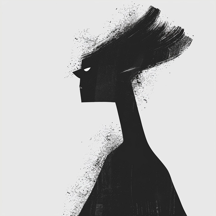 Brushed Head - a silhouetted figure whose head is a single loaded brushstroke, two white eyes cut into it, on a metal wall art plate