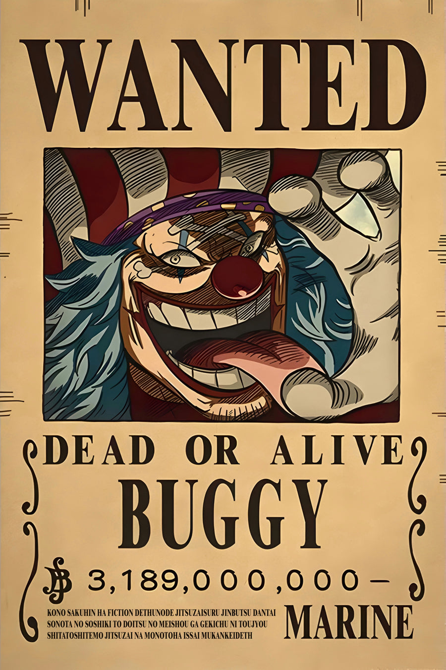 Buggy – Bounty Poster - a bounty poster for Buggy, 3,189,000,000 berries, dead or alive, on a metal wall art plate