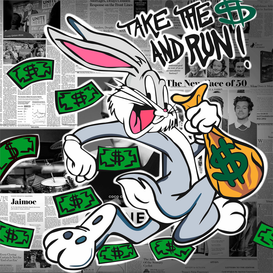 Bugs Bunny – Take the Money and Run - bugs Bunny sprinting off with a money sack while dollar bills scatter across a wall of old, on a metal wall art plate
