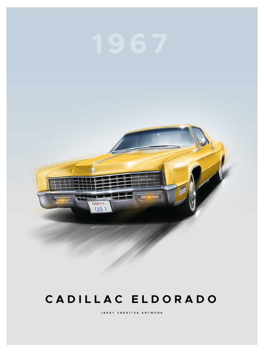 Cadillac Eldorado - cadillac Eldorado — yellow on pale blue, on a metal wall art plate