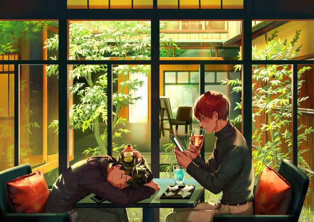 Café Scene – In Green - two figures talking in a glass-walled café, greenery outside, on a metal wall art plate