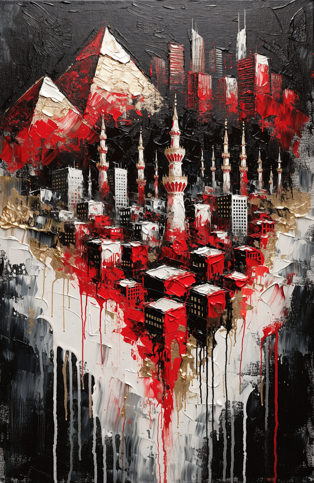 The pyramids and minarets of Cairo are laid down in thick palette-knife strokes of red, white, black and gold
