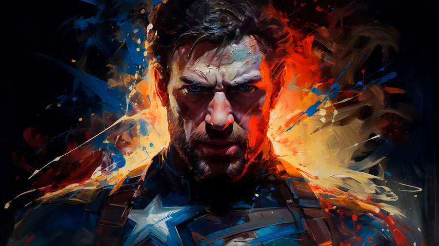 Captain America – Paint Splash - the star on the chest and a hard stare, colour thrown across the frame, on a metal wall art plate