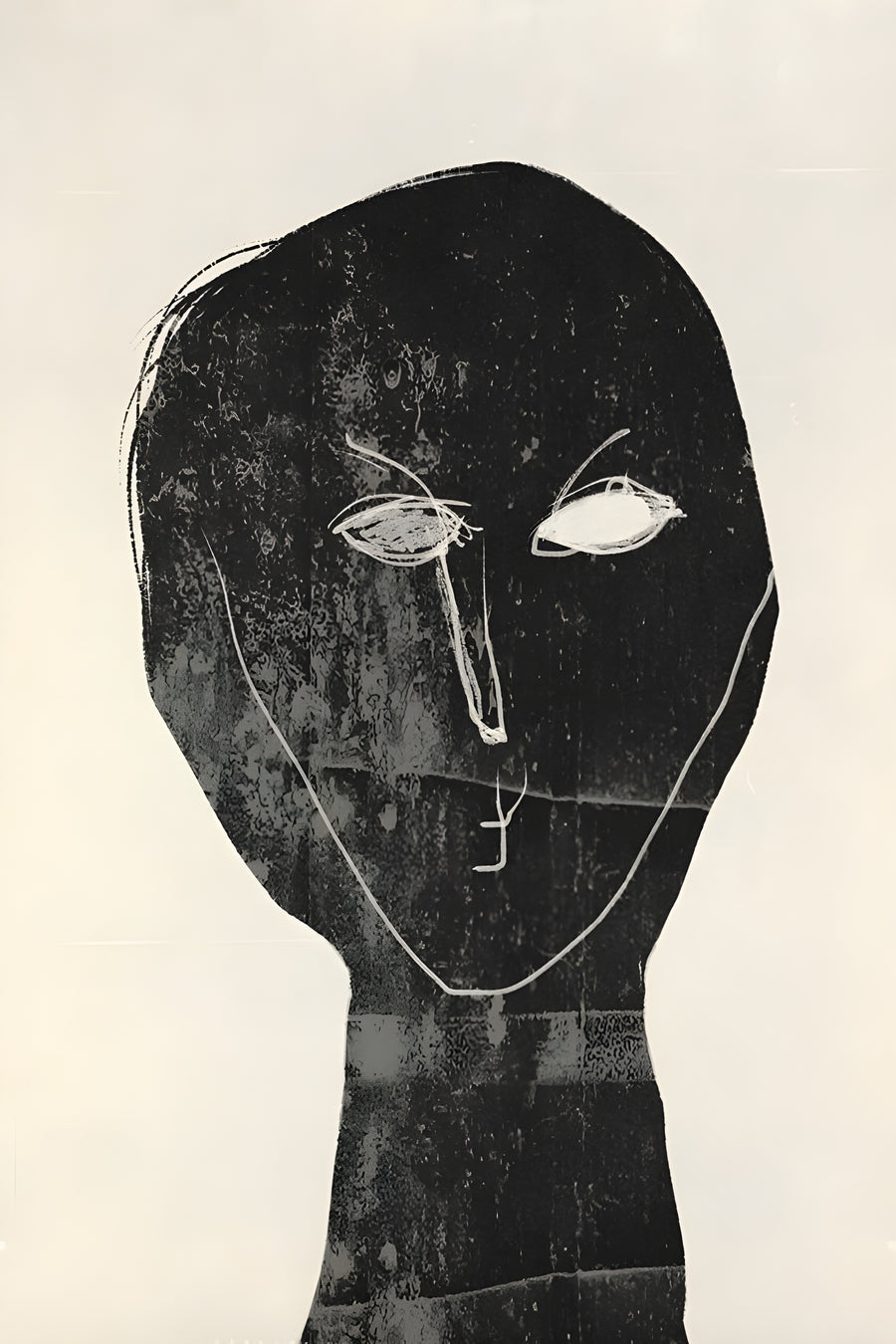 Carved Head - a head worked in rough black texture with the features cut back in white line, on a metal wall art plate