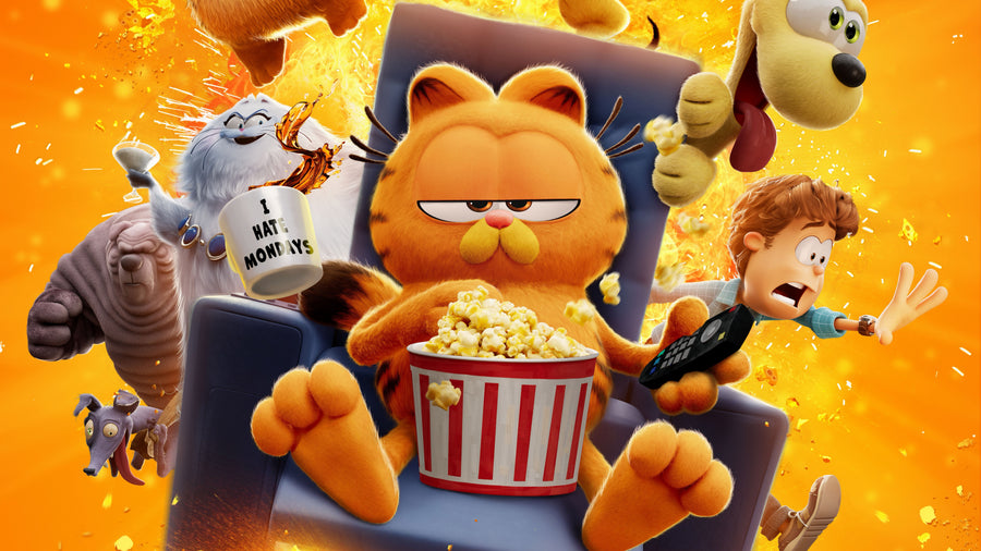 Cat and Company - a fat orange cat with a bucket of popcorn, the whole cast piling in behind, on a metal wall art plate