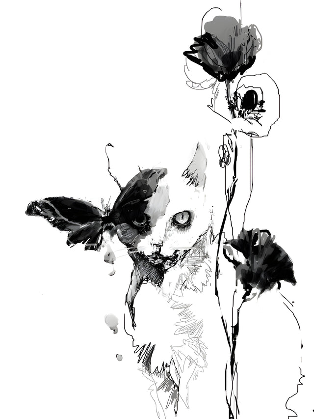 Cat and Poppies - a cat, a butterfly and two poppies drawn in wet ink and nervous pencil line, on a metal wall art plate