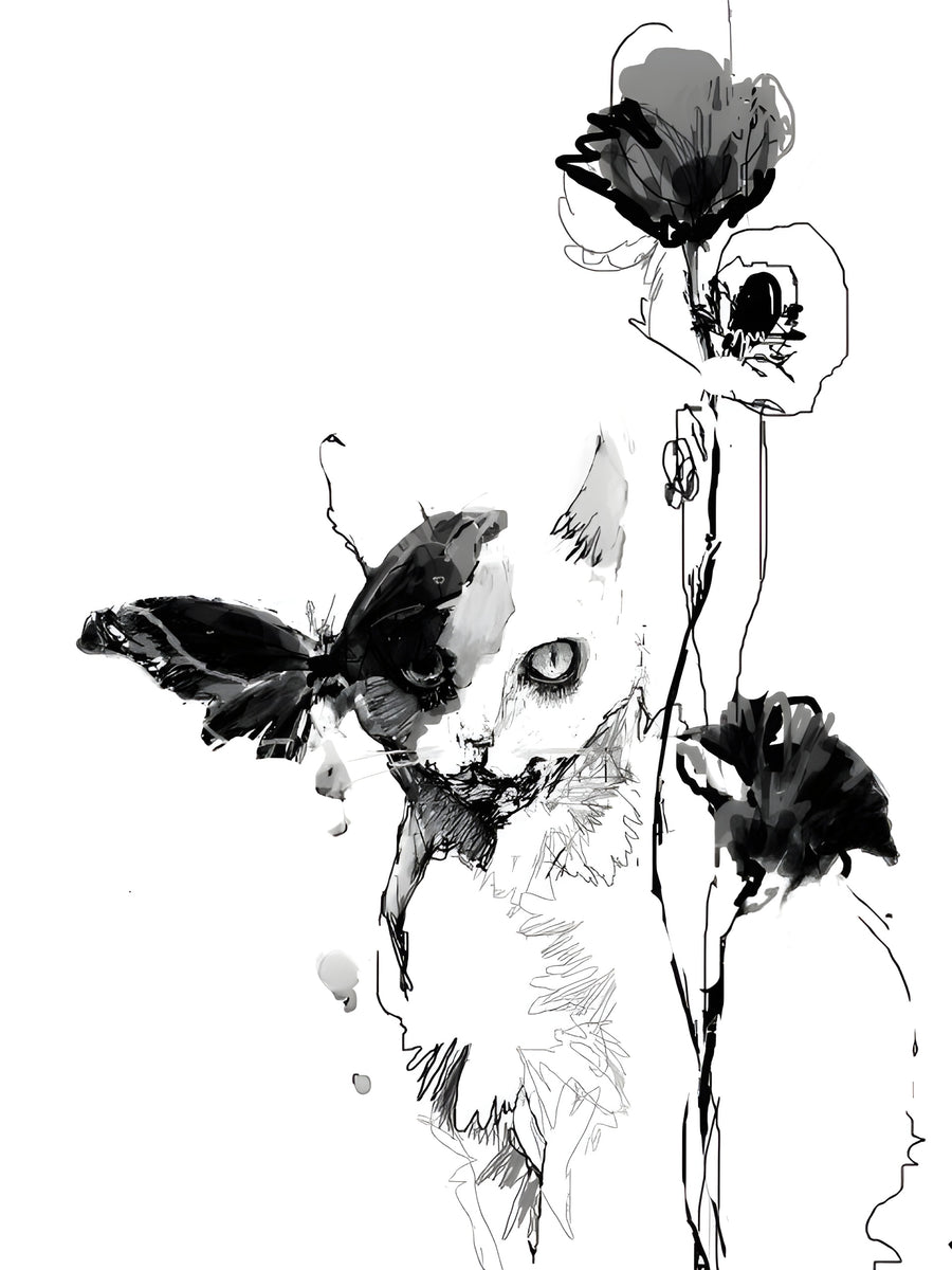 Cat and Poppies - a cat, a butterfly and two poppies drawn in wet ink and nervous pencil line, on a metal wall art plate