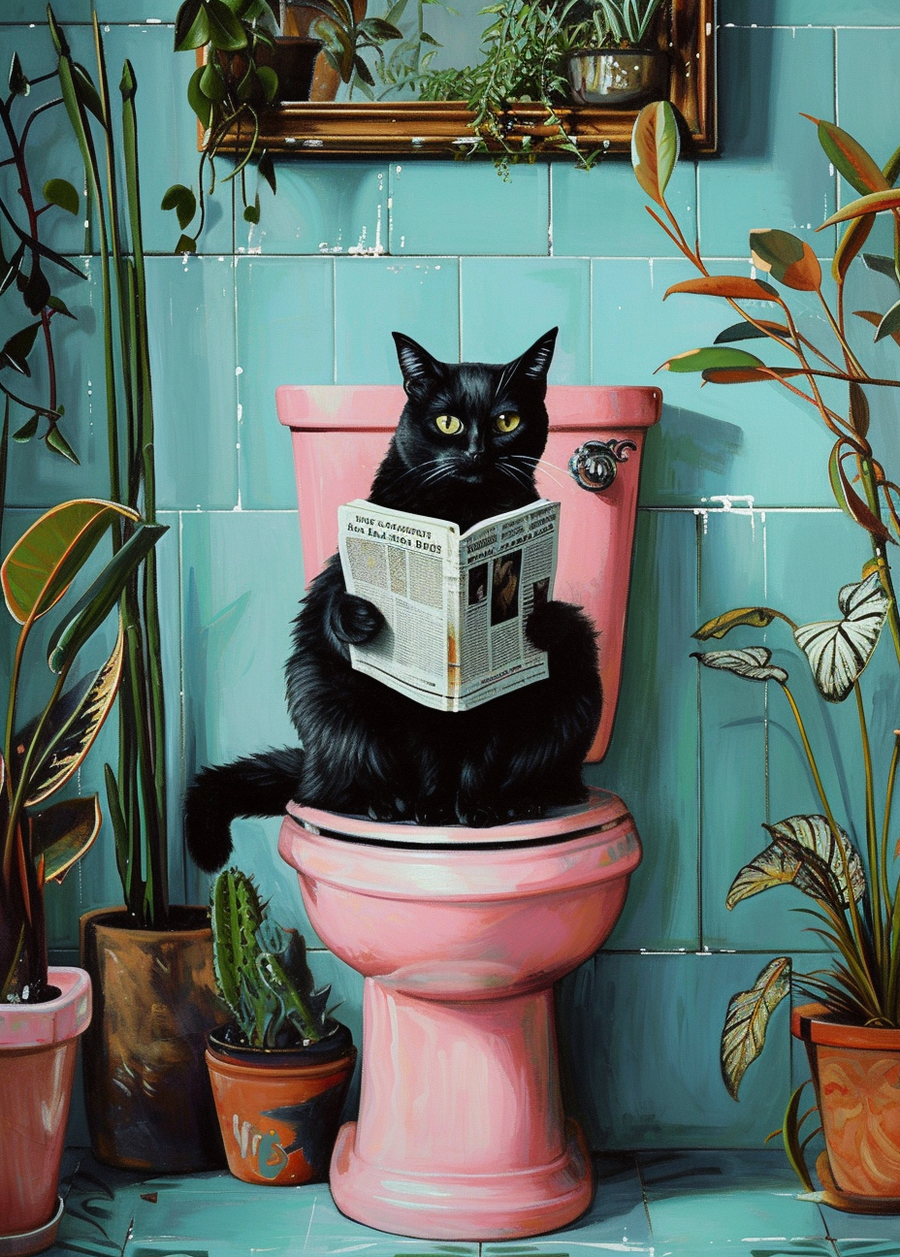 Cat on the Throne - a black cat sat on a pink toilet reading the paper, plants everywhere, on a metal wall art plate