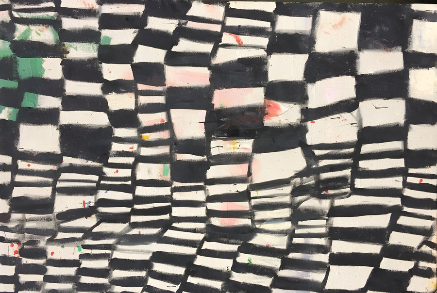 Checker Field - a hand-painted checkerboard gone crooked, with flecks of green and pink surfacing through it, on a metal wall art plate