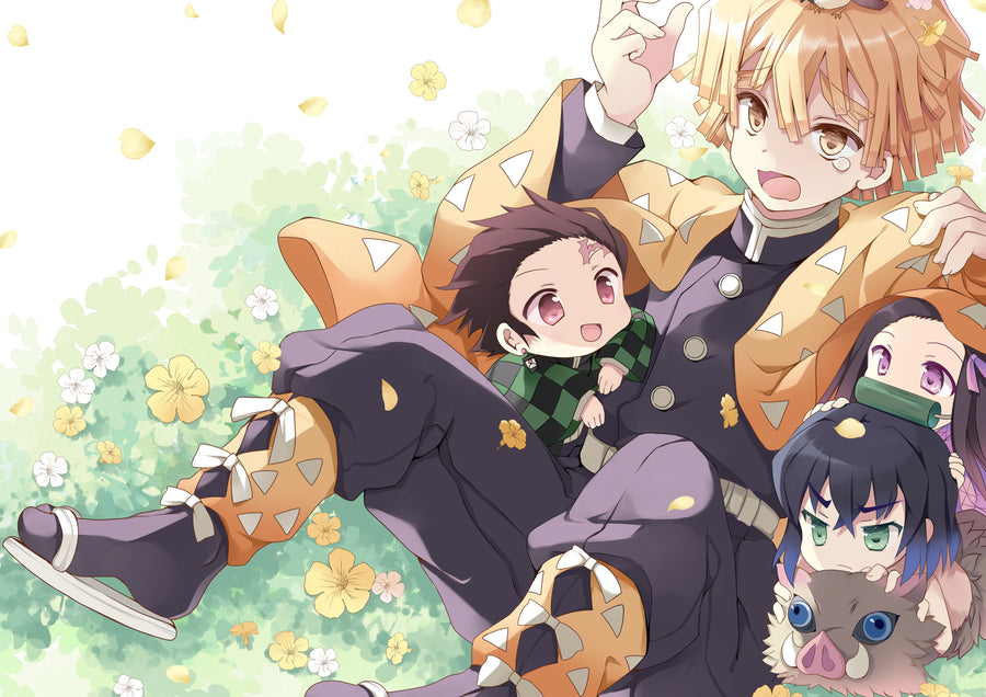 Chibi Cast – Chibi - the cast drawn chibi and asleep in a bed of flowers, on a metal wall art plate