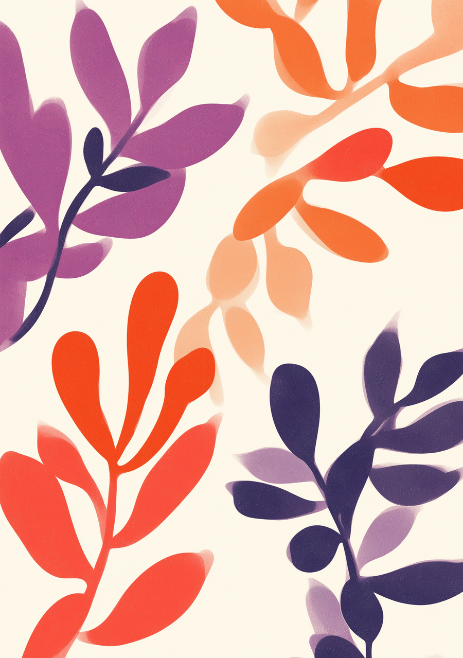 Chromatic Leaves - layered botanical forms in violet, orange, coral and deep purple float across a warm cream background, on a metal wall art plate
