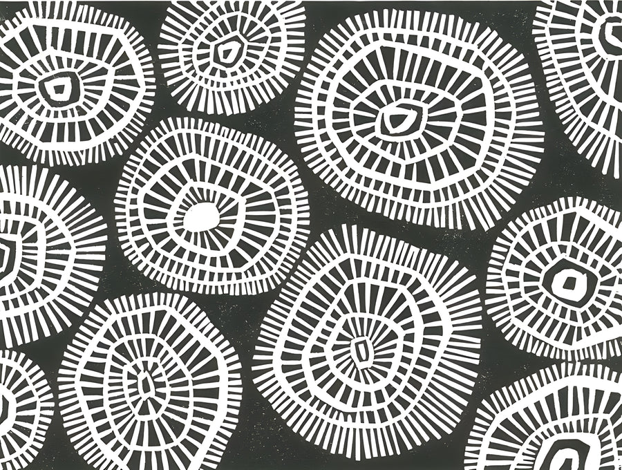 Circle Print - white circular motifs stamped across charcoal, each one slightly different, on a metal wall art plate