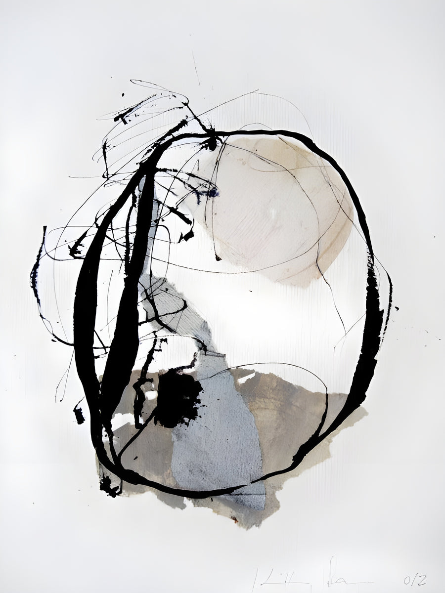 Circle Scribble - a hard black circle scribbled over collaged paper in stone and blue, on a metal wall art plate