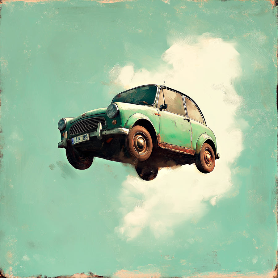 Classic Mini - classic Mini — green classic Mini above clouds, on a metal wall art plate