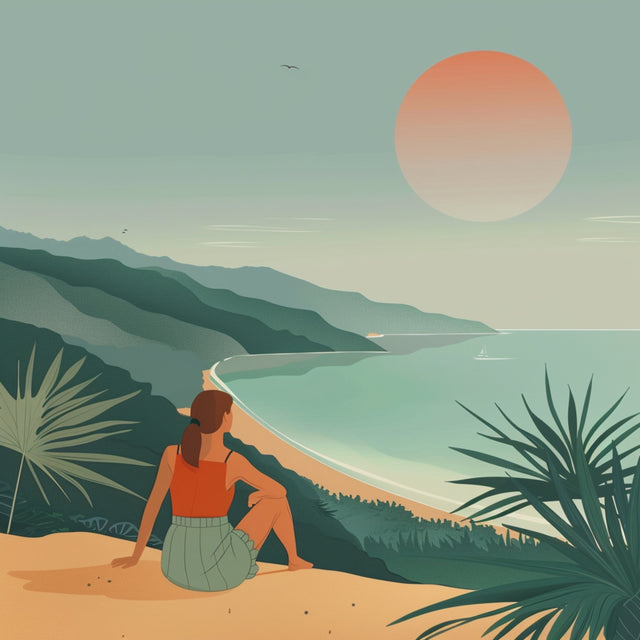 Coastal Sunset View - a seated figure overlooks a sweeping green coastline and calm sea beneath a large peach sun, on a metal wall art plate