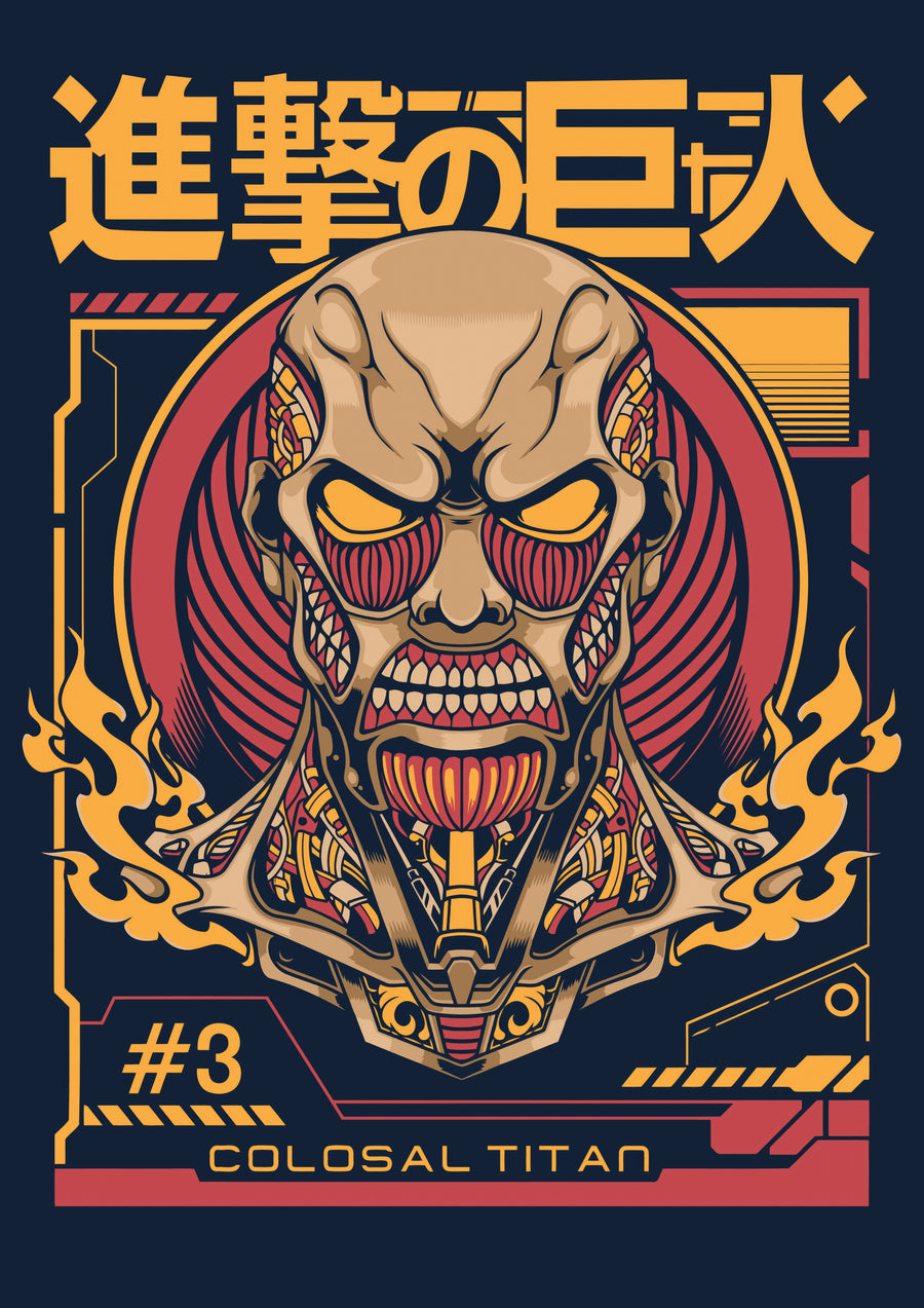 Colossal Titan – Among the Titans - the Colossal Titan drawn as a stylised badge, numbered three, on a metal wall art plate