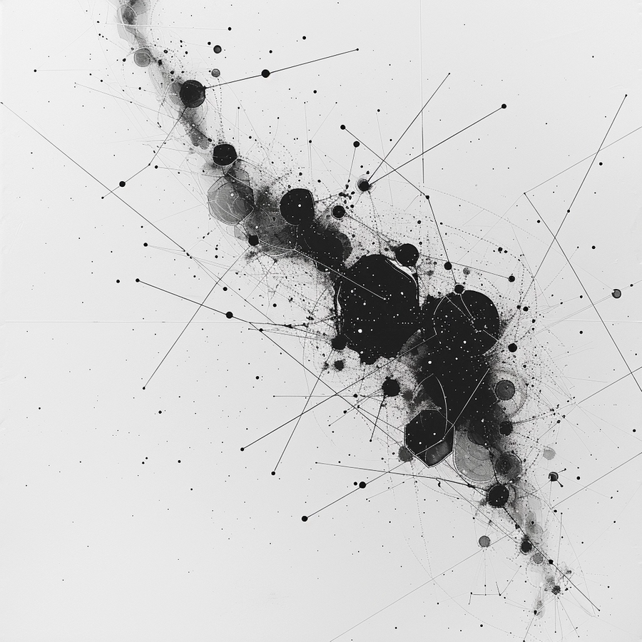 Connected Forms - black ink-like forms, circles and fine connecting lines stretch diagonally across a white field, on a metal wall art plate
