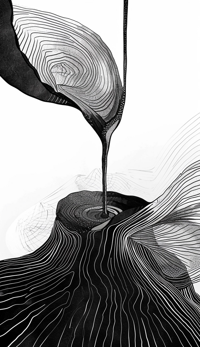 Contour Pour - intricate black contour lines pour from one organic form into another across a bright white field, on a metal wall art plate