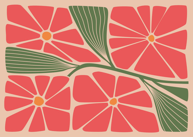 Coral Garden Blocks - large coral flowers and structured green leaves form a bold tiled botanical pattern on a warm peach ground, on a metal wall art plate