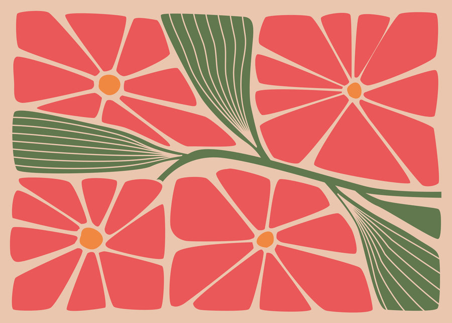 Coral Garden Blocks - large coral flowers and structured green leaves form a bold tiled botanical pattern on a warm peach ground, on a metal wall art plate
