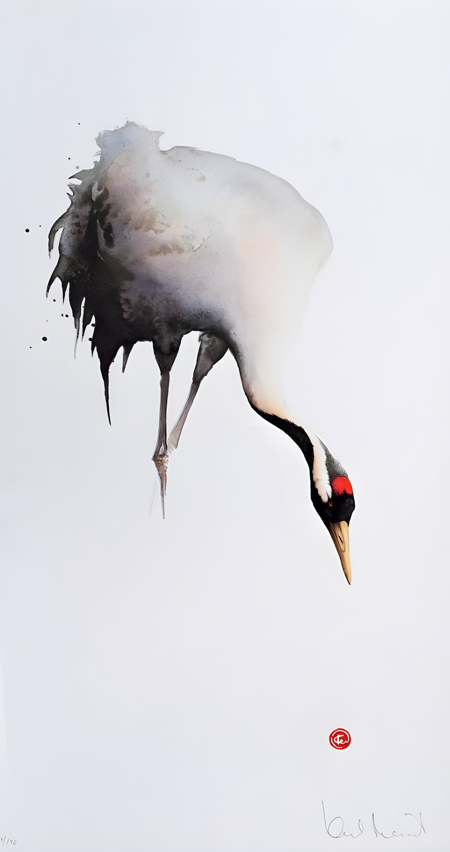 Crane - a crane bending to the water, painted wet with a red seal beneath, on a metal wall art plate