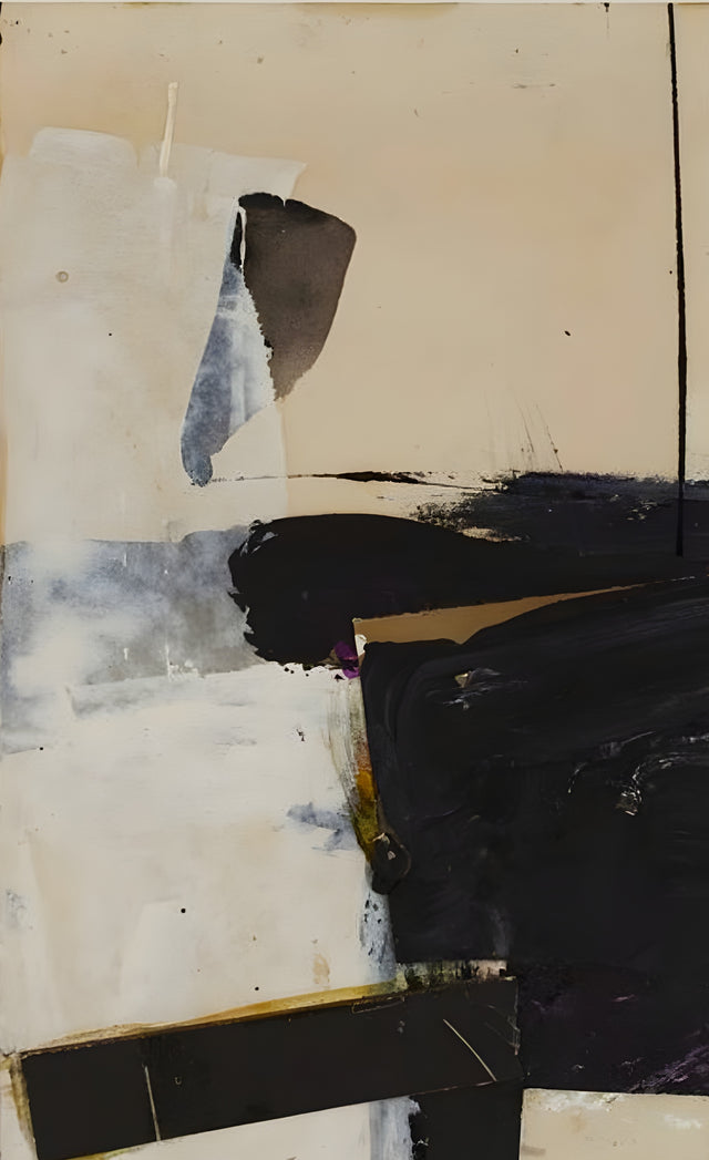 Cream and Slate - collaged paper in cream and slate with one heavy dark block anchoring the base, on a metal wall art plate