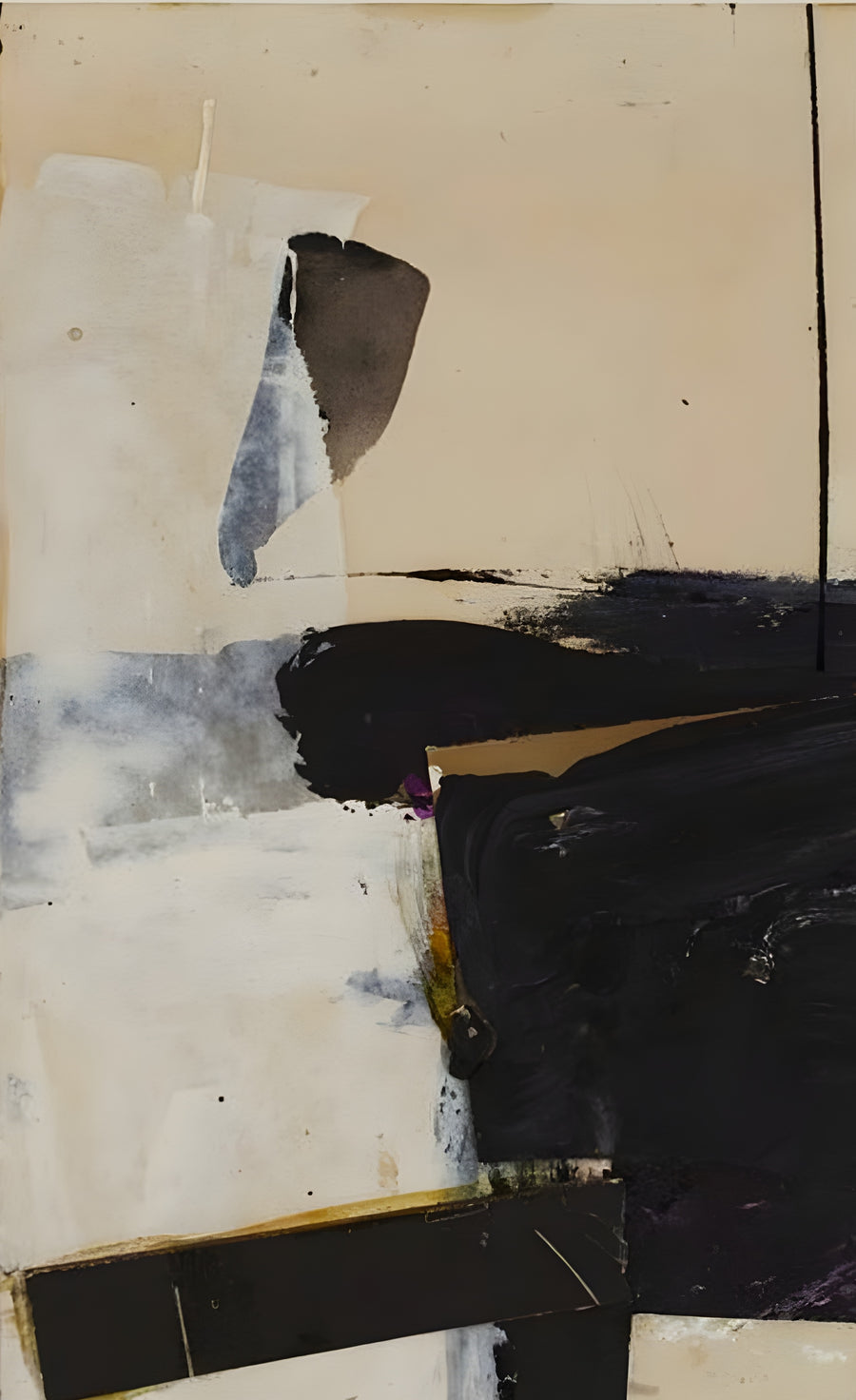Cream and Slate - collaged paper in cream and slate with one heavy dark block anchoring the base, on a metal wall art plate
