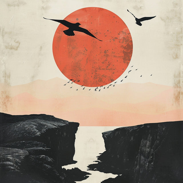 Crimson Sun Cliffs - a huge textured crimson sun hangs over pale layered mountains and deep black cliffs as silhouetted birds cross the sky