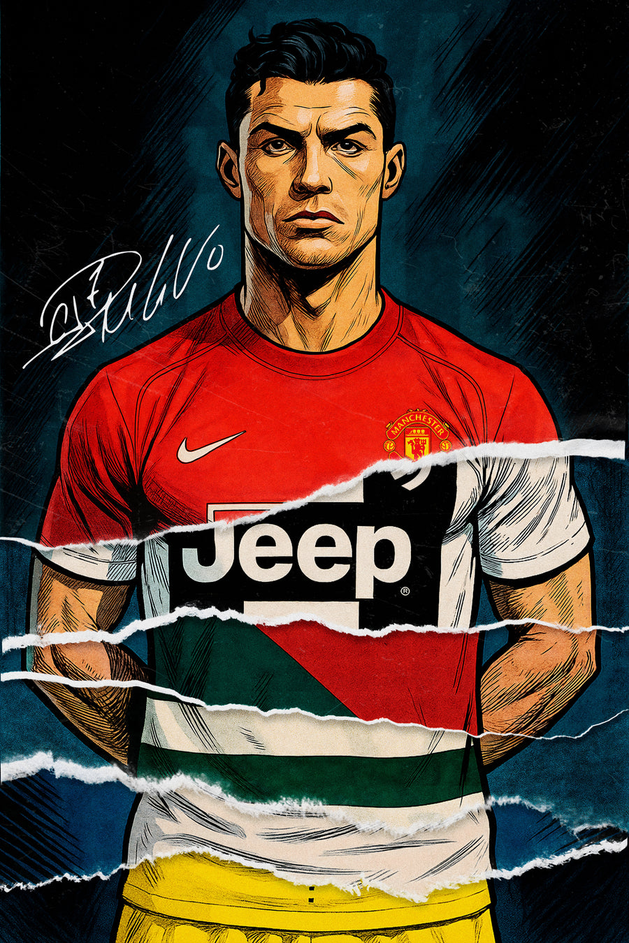 Cristiano Ronaldo – Three Shirts - an illustrated portrait with three shirts torn one over the other, club and country in layers, on a metal wall art plate