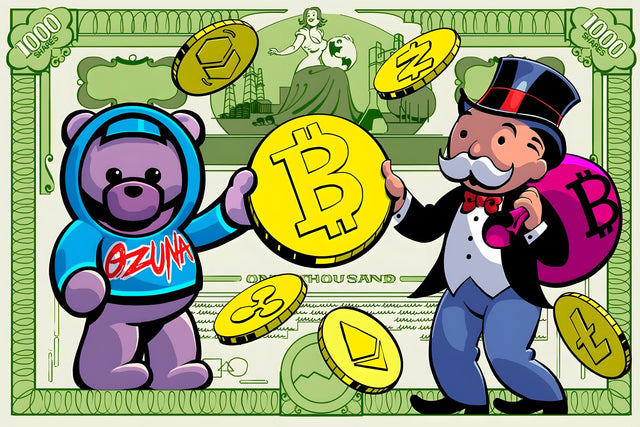 Crypto Note – Bear and Banker - a thousand-unit banknote reimagined with a graffiti bear on one side and the tycoon on the, on a metal wall art plate