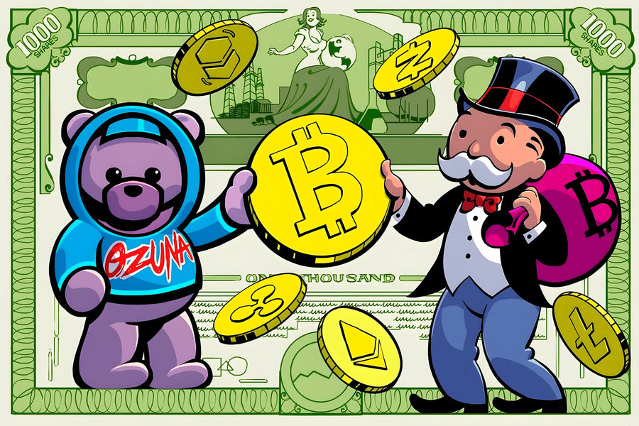 Crypto Note – Bear and Banker - a thousand-unit banknote reimagined with a graffiti bear on one side and the tycoon on the, on a metal wall art plate