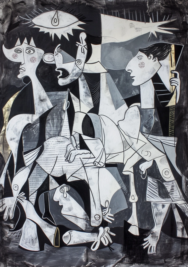 Cubist Figures - angular monochrome figures overlap in a dense dramatic composition inspired by classic cubist forms, on a metal wall art plate