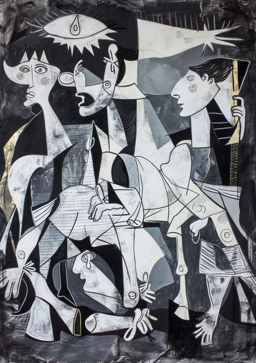 Cubist Figures - angular monochrome figures overlap in a dense dramatic composition inspired by classic cubist forms, on a metal wall art plate