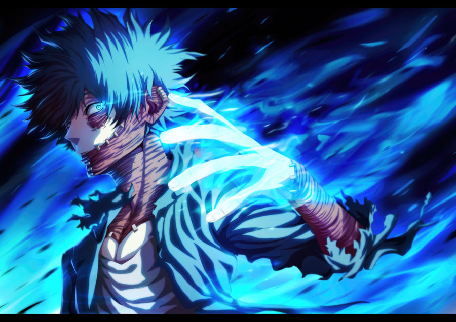 Dabi – In Flame - dabi wrapped in blue flame against black, on a metal wall art plate