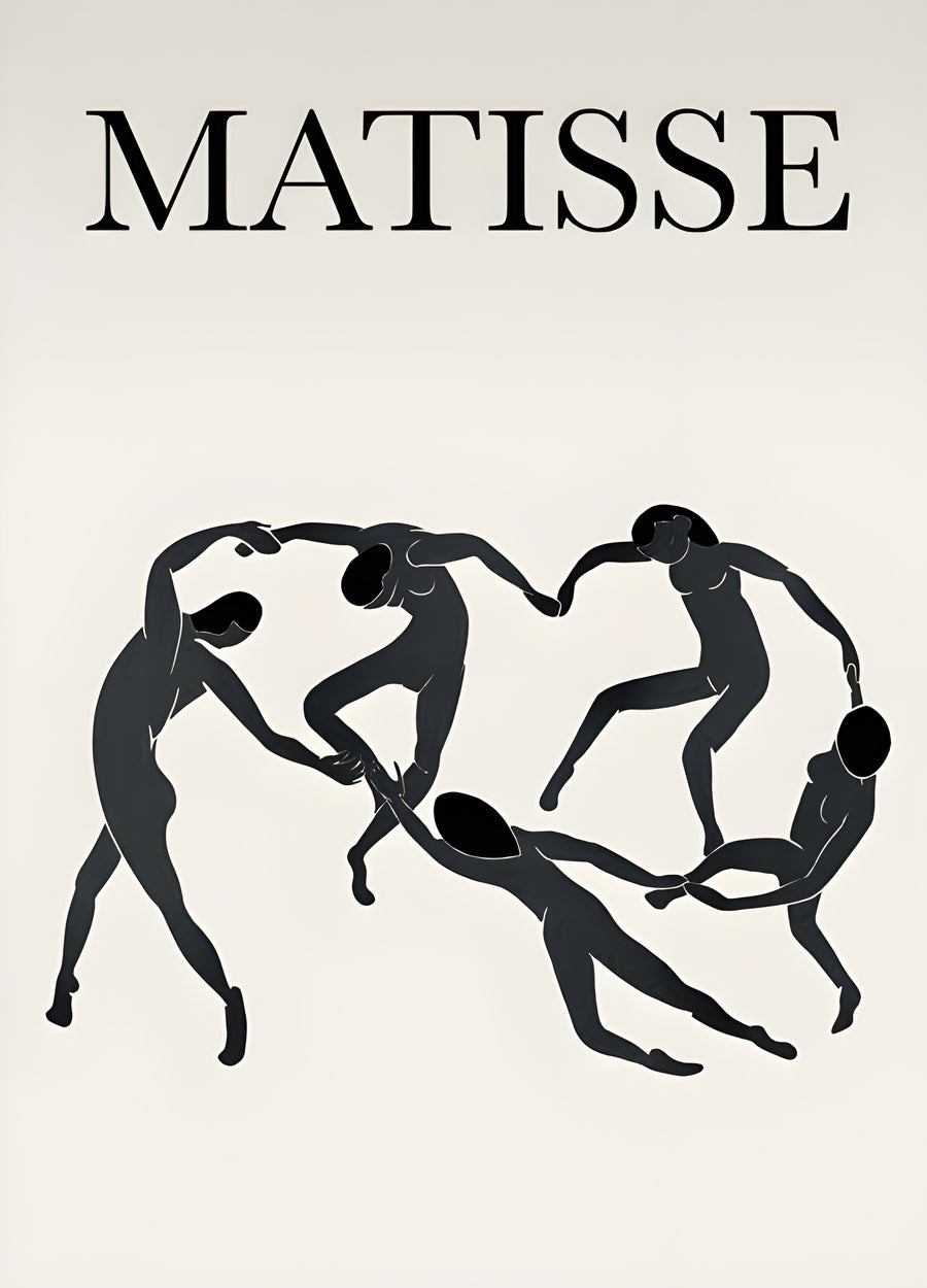 Dancers - dancers linked in a ring, drawn as flat silhouettes beneath a printed title, on a metal wall art plate