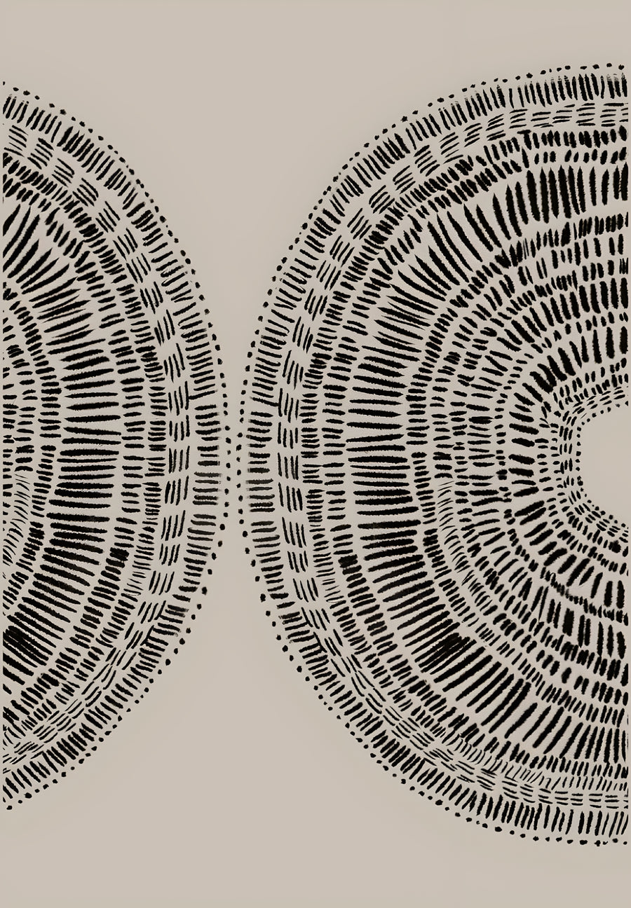 Dashes - radiating rows of short dashes opening out like wings across warm taupe, on a metal wall art plate