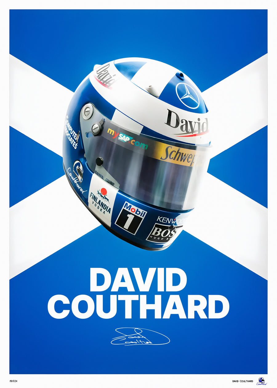 David Coulthard – Helmet Poster - coulthard's blue and white helmet set against the saltire, the flag doing the work of a, on a metal wall art plate