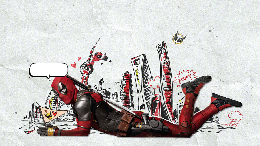 Deadpool – Comic Page - the merc sprawled across a torn comic page, speech bubble empty, on a metal wall art plate