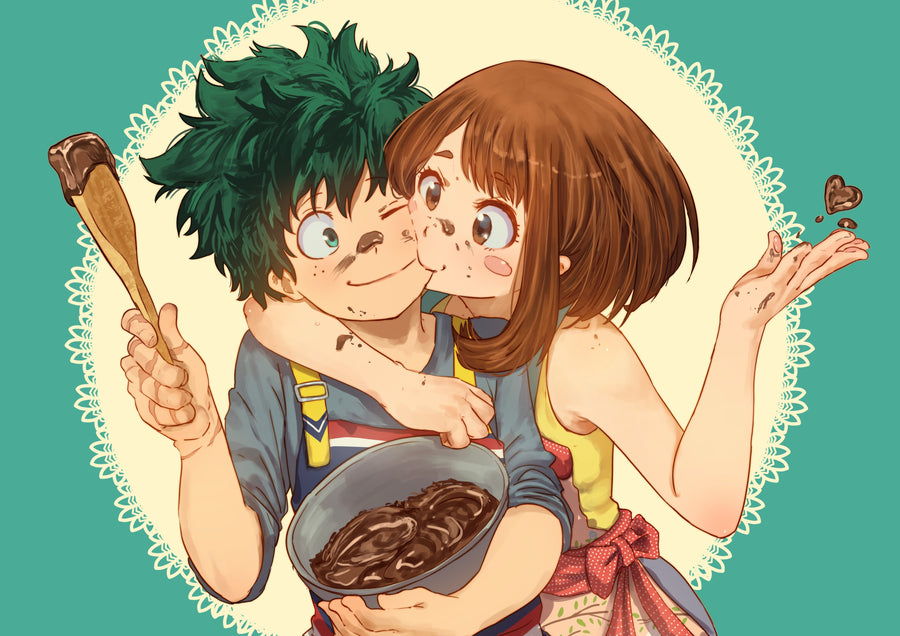 Deku and Uraraka – Chibi - the pair drawn chibi and cooking together, faces smudged, on a metal wall art plate