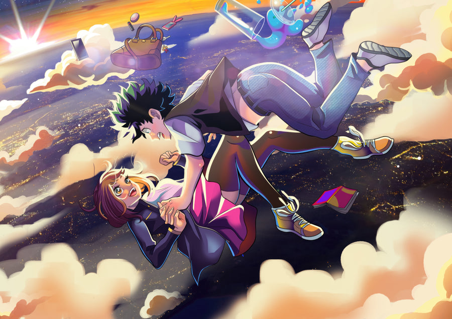 Deku and Uraraka – In Red - the pair falling through cloud with the class scattered around them, on a metal wall art plate