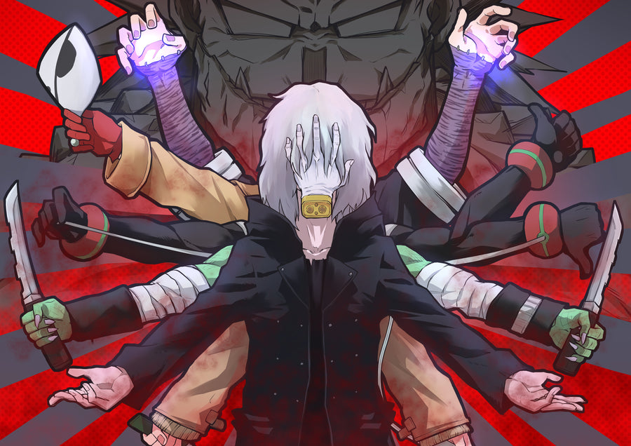 Demon – Blade Drawn - a many-armed demon with blades in every hand against a red sunburst, on a metal wall art plate
