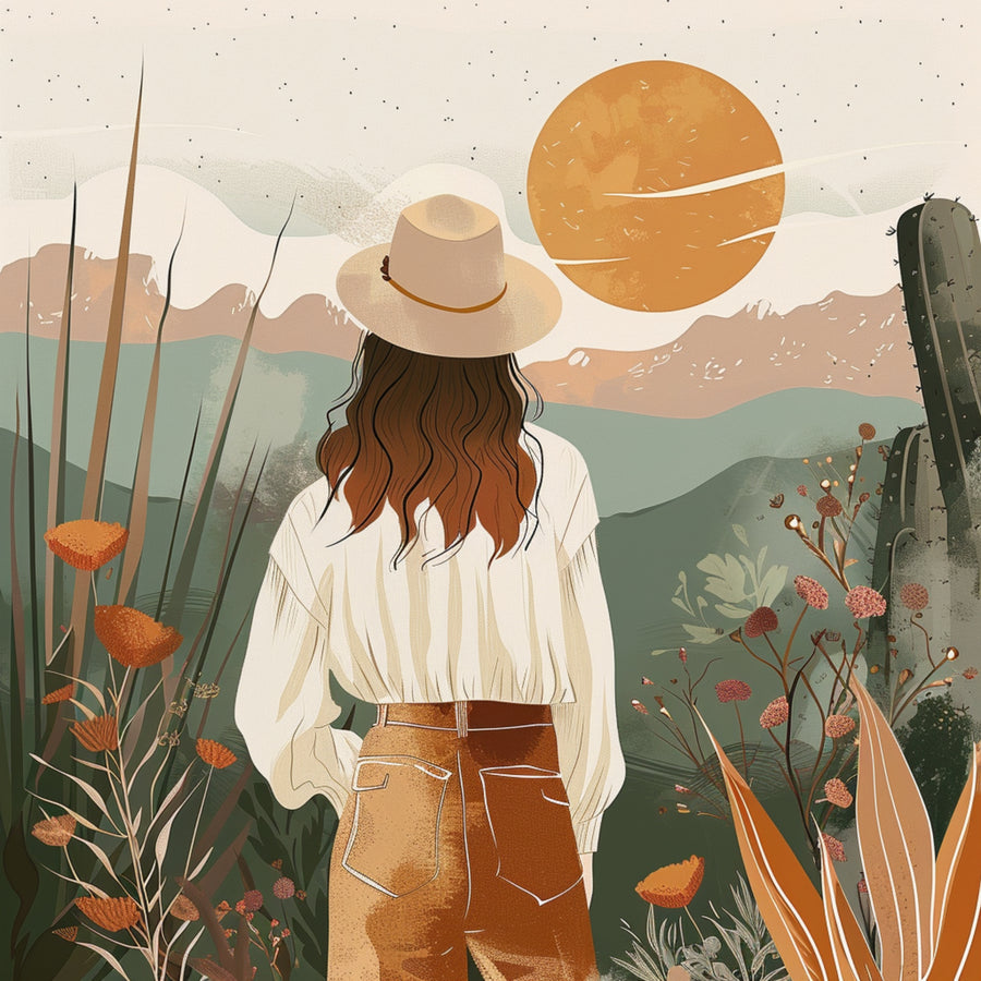 Desert Wanderer - a woman in a wide-brim hat looks out across muted desert hills beneath a golden sun, on a metal wall art plate
