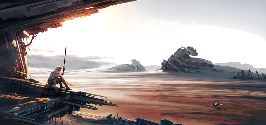 Desert Wreck - a scavenger on a sled beside the wreck of a destroyer, sun burning through, on a metal wall art plate