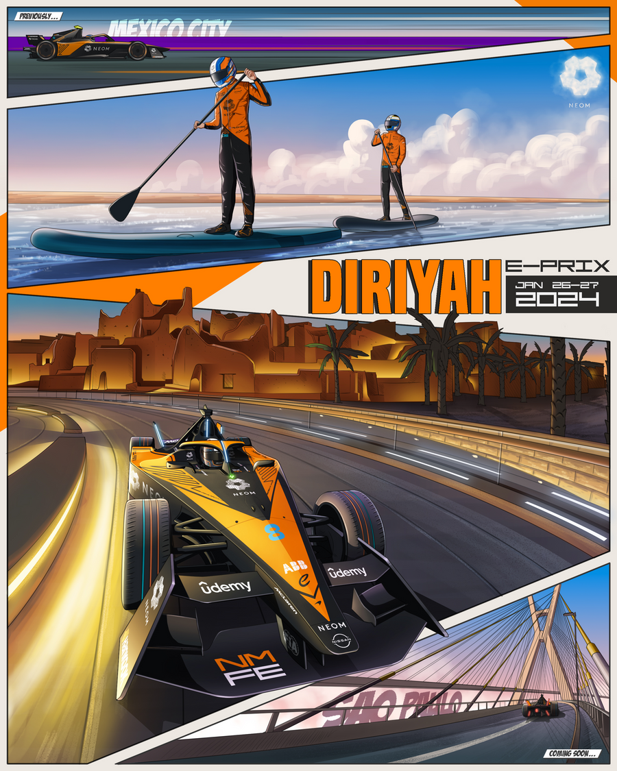 Diriyah E-Prix 2024 – Race Poster - an illustrated race poster for the Diriyah E-Prix 2024 — drawn in the graphic, flat-colour, on a metal wall art plate