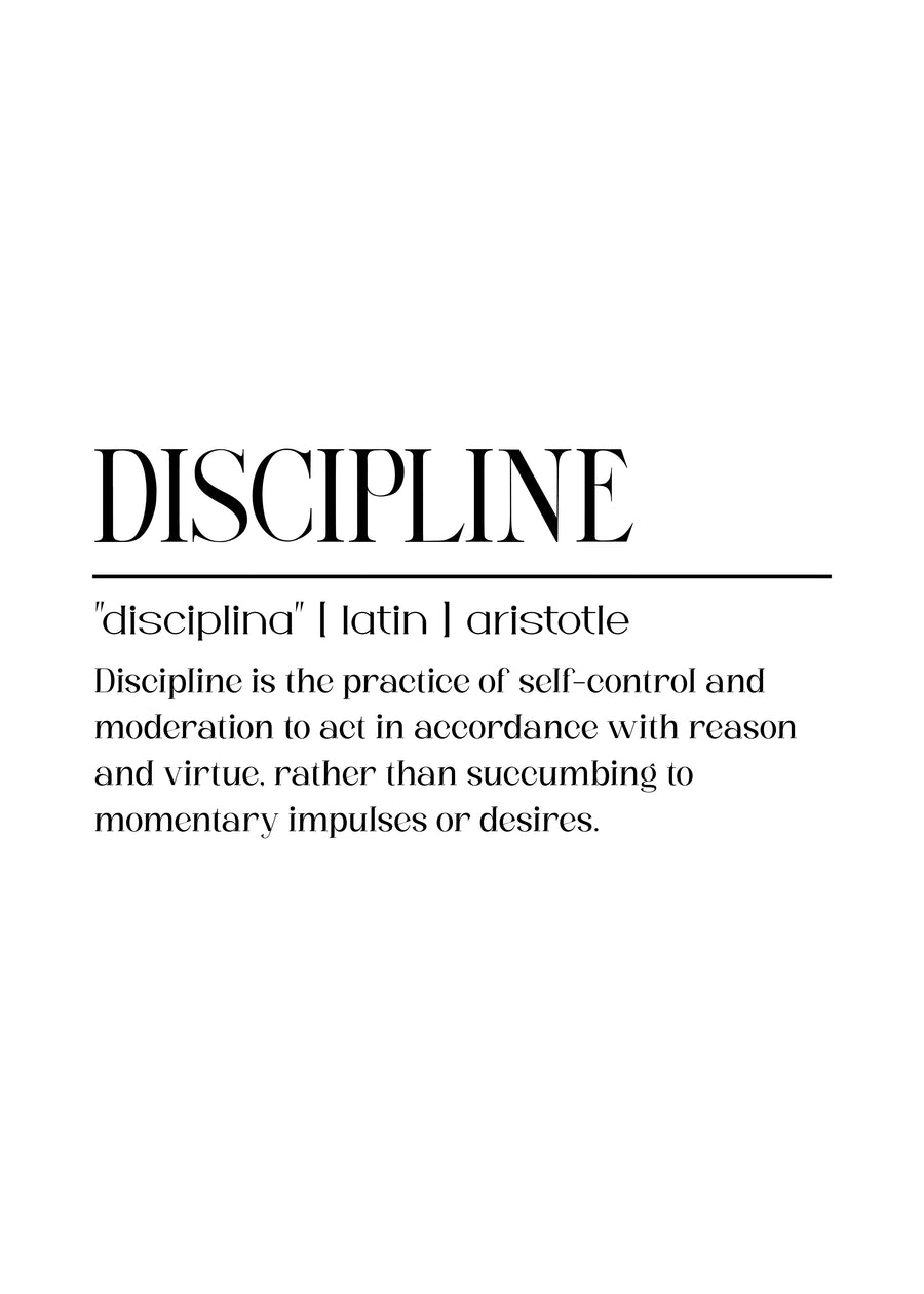 Discipline – Definition - dISCIPLINE, set out as a dictionary entry: "disciplina" | latin | aristotle, on a metal wall art plate