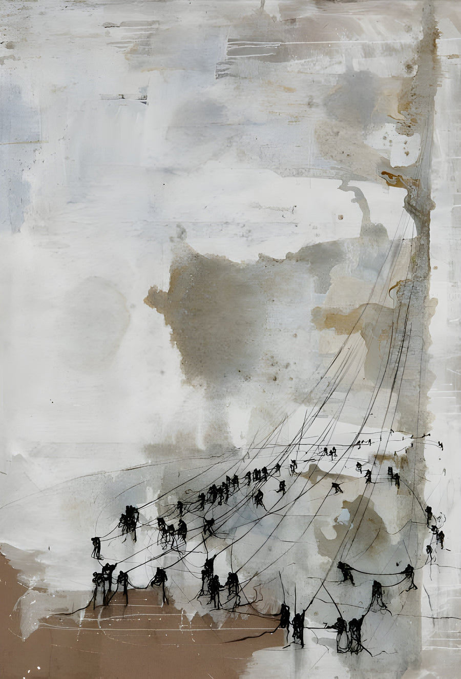 Distant Shore - a muted collage of washed paper with a line of tiny figures working along the foot, on a metal wall art plate