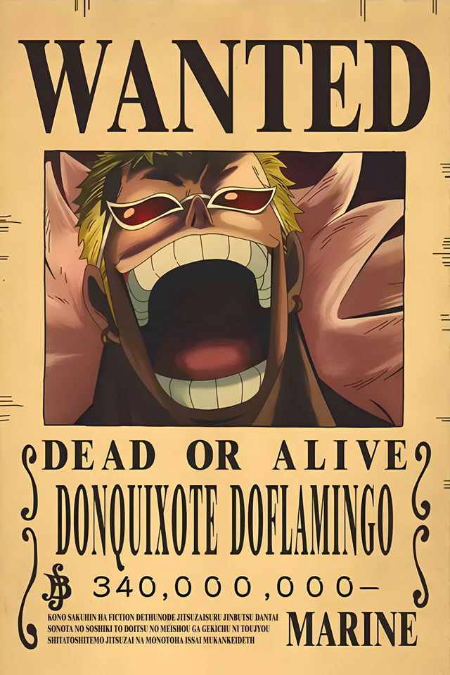 Donquixote Doflamingo – Bounty Poster - a bounty poster for Donquixote Doflamingo, 340,000,000 berries, on a metal wall art plate
