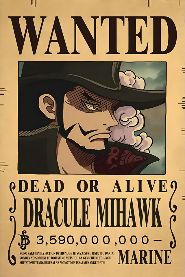 Dracule Mihawk – Bounty Poster - a bounty poster for Dracule Mihawk, 3,590,000,000 berries, on a metal wall art plate