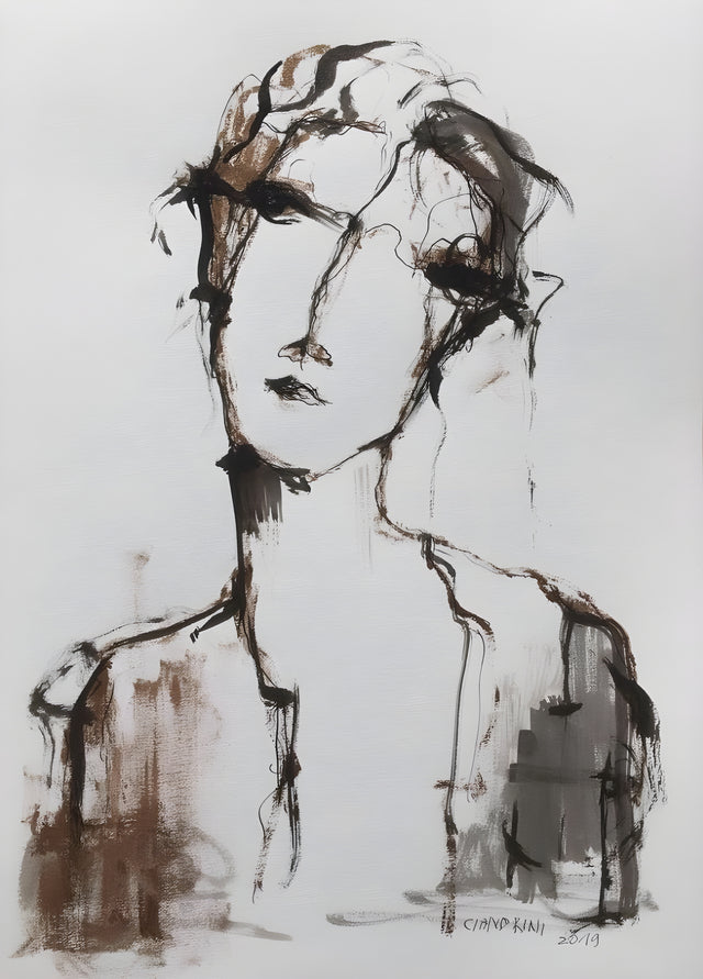 Drawn and Dripped - a face sketched in dry brown line, the paint allowed to run down the paper beneath it, on a metal wall art plate